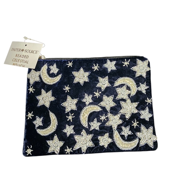 Paper Source Handbags - Paper Source Starry Night Beaded Pouch - Dark Blue and Silver